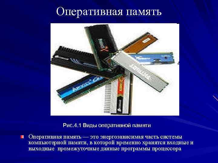 Оперативная память Рис. 4. 1 Виды оперативной памяти Оперативная память — это энергозависимая часть