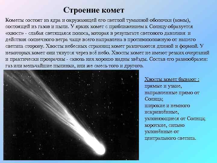 Строение комет Кометы состоят из ядра и окружающей его светлой туманной оболочки (комы), состоящей