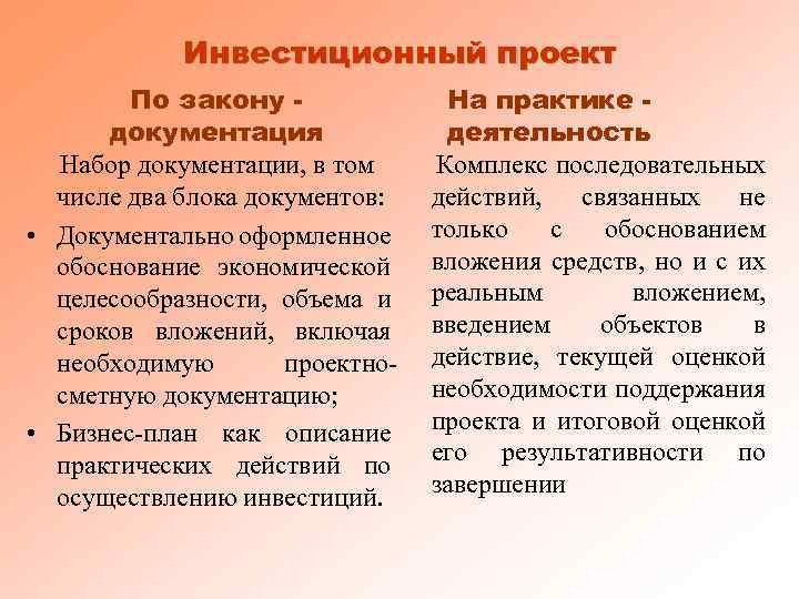 Инвестиционный проект По закону документация Набор документации, в том числе два блока документов: •