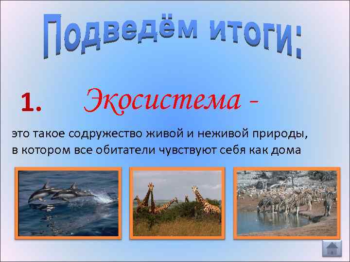 1. Экосистема - это такое содружество живой и неживой природы, в котором все обитатели