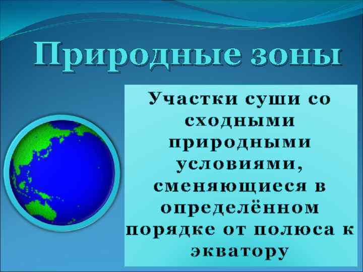 Природные зоны Участки суши со сходными природными условиями, сменяющиеся в определённом порядке от полюса