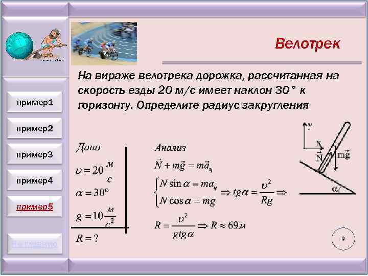 Велотрек пример1 На вираже велотрека дорожка, рассчитанная на скорость езды 20 м/с имеет наклон