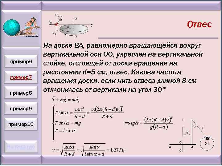 Отвес пример6 пример7 пример8 На доске ВА, равномерно вращающейся вокруг вертикальной оси ОО, укреплен