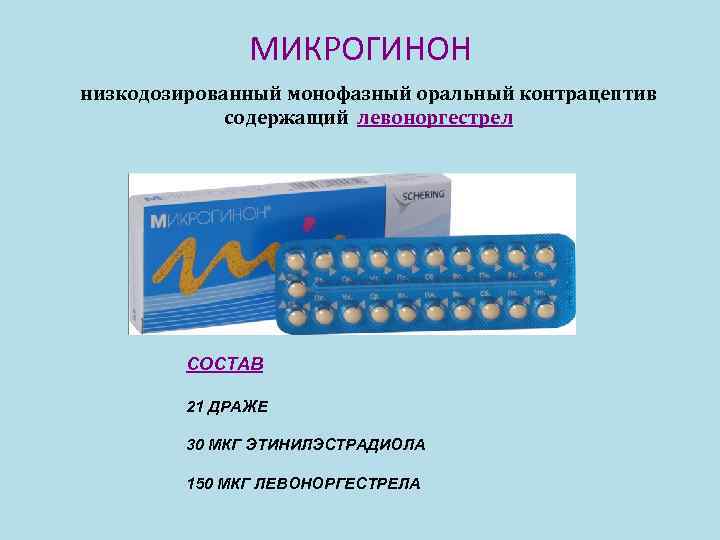 МИКРОГИНОН низкодозированный монофазный оральный контрацептив содержащий левоноргестрел СОСТАВ 21 ДРАЖЕ 30 МКГ ЭТИНИЛЭСТРАДИОЛА 150