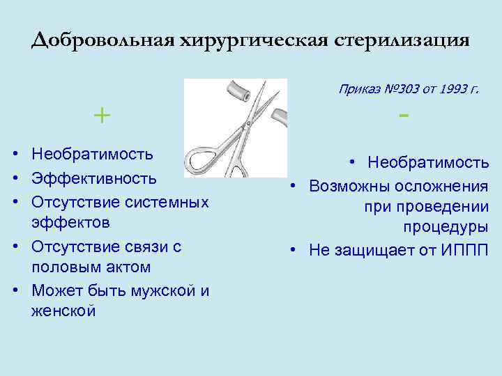 Добровольная хирургическая стерилизация Приказ № 303 от 1993 г. + • Необратимость • Эффективность
