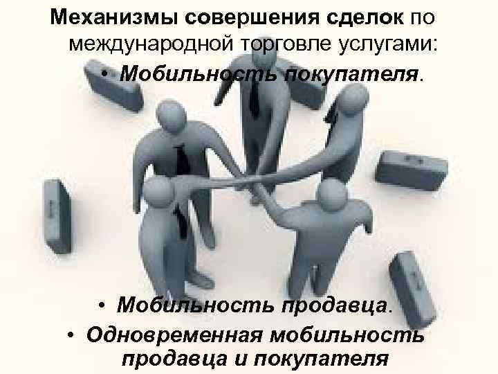 Механизмы совершения сделок по международной торговле услугами: • Мобильность покупателя. • Мобильность продавца. •