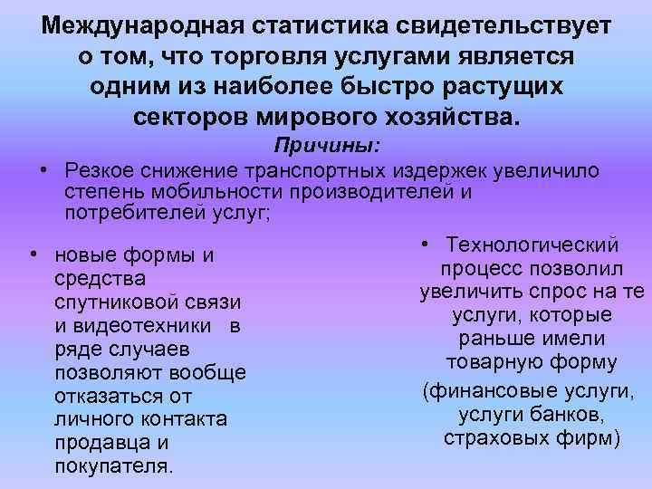 Международная статистика свидетельствует о том, что торговля услугами является одним из наиболее быстро растущих