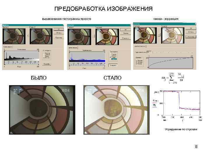 ПРЕДОБРАБОТКА ИЗОБРАЖЕНИЯ выравнивание гистограммы яркости гамма - коррекция БЫЛО СТАЛО Усреднение по строкам 8