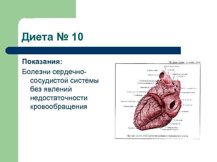Диета № 10 Показания: Болезни сердечнососудистой системы без явлений недостаточности кровообращения 