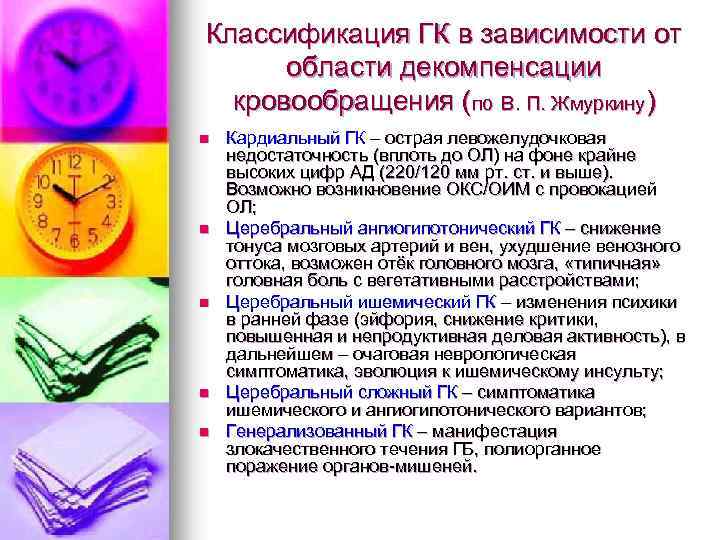 Классификация ГК в зависимости от области декомпенсации кровообращения (по В. П. Жмуркину) n n