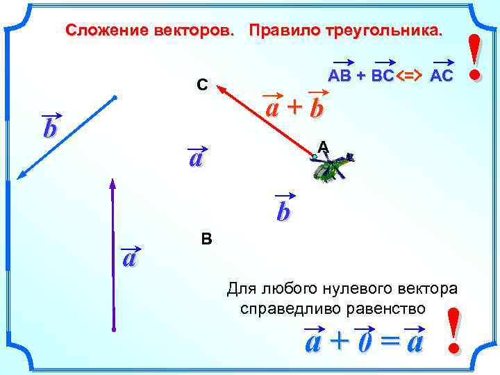 Сложение векторов. Правило треугольника. С b АВ + ВС = АС a+b ! А
