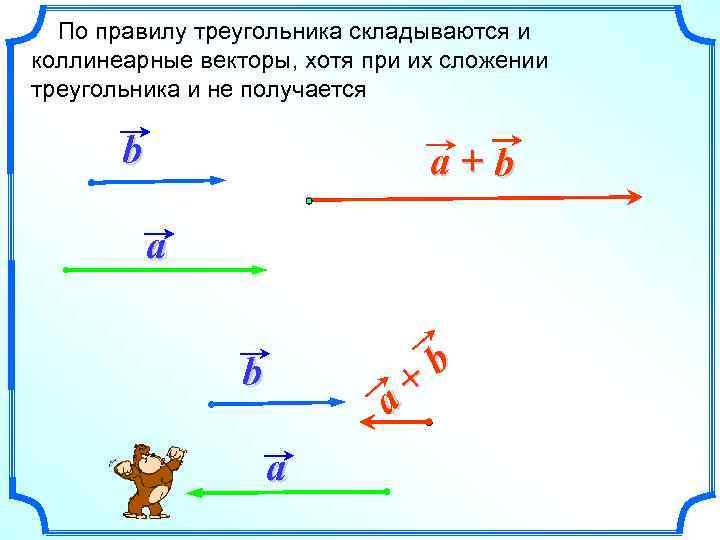 По правилу треугольника складываются и коллинеарные векторы, хотя при их сложении треугольника и не