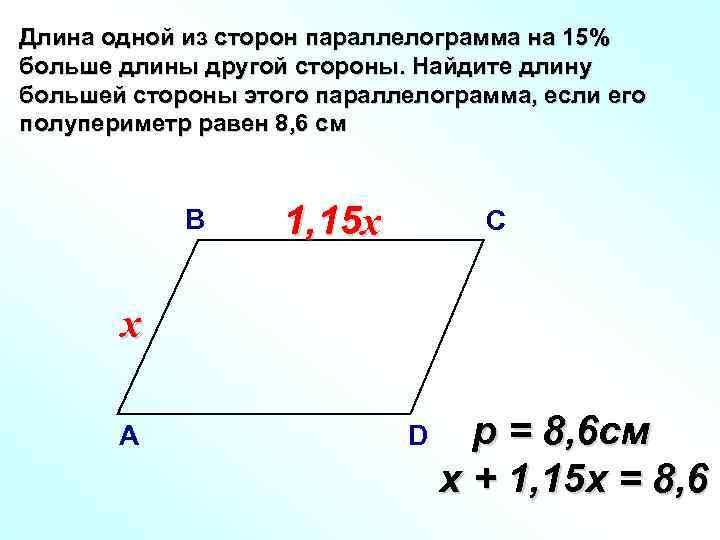 Длина одной из сторон параллелограмма на 15% больше длины другой стороны. Найдите длину большей