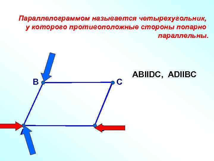 Параллелограммом называется четырехугольник, у которого противоположные стороны попарно параллельны. В А С D АВIIDС,