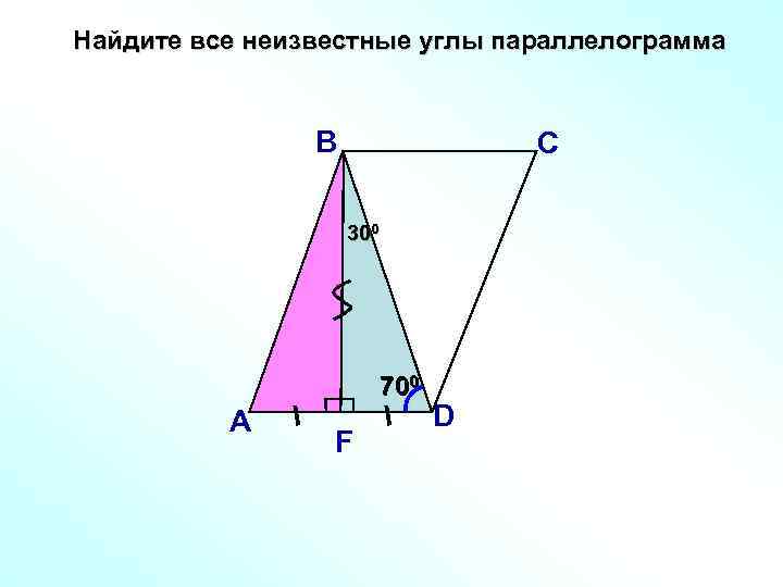 Найдите все неизвестные углы параллелограмма В С 300 700 А F D 