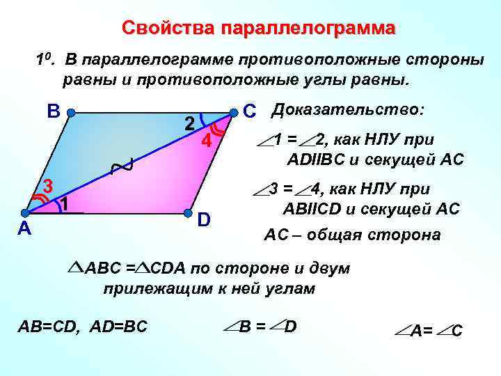 Свойства параллелограмма 10. В параллелограмме противоположные стороны равны и противоположные углы равны. В 3