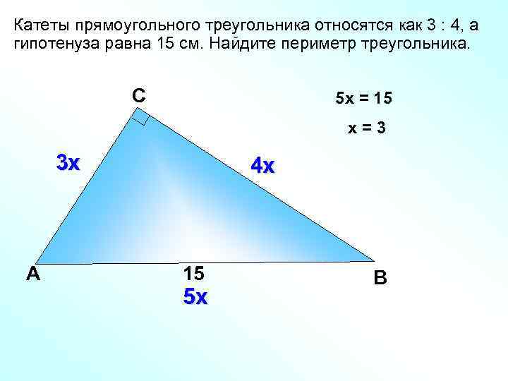 Катеты прямоугольного треугольника относятся как 3 : 4, а гипотенуза равна 15 см. Найдите
