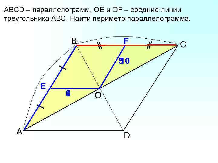 АВСD – параллелограмм, ОЕ и ОF – средние линии треугольника АВС. Найти периметр параллелограмма.