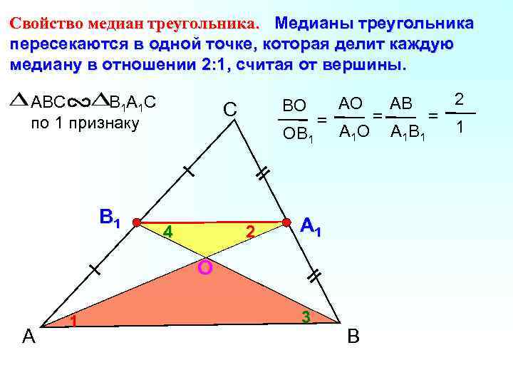 Свойство медиан треугольника. Медианы треугольника пересекаются в одной точке, которая делит каждую медиану в