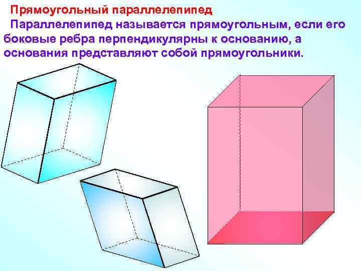 Прямоугольный параллелепипед Параллелепипед называется прямоугольным, если его боковые ребра перпендикулярны к основанию, а основания