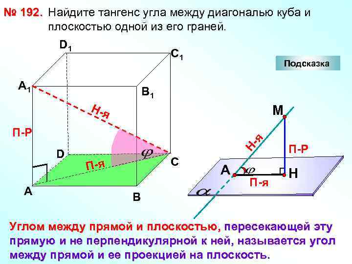 № 192. Найдите тангенс угла между диагональю куба и плоскостью одной из его граней.