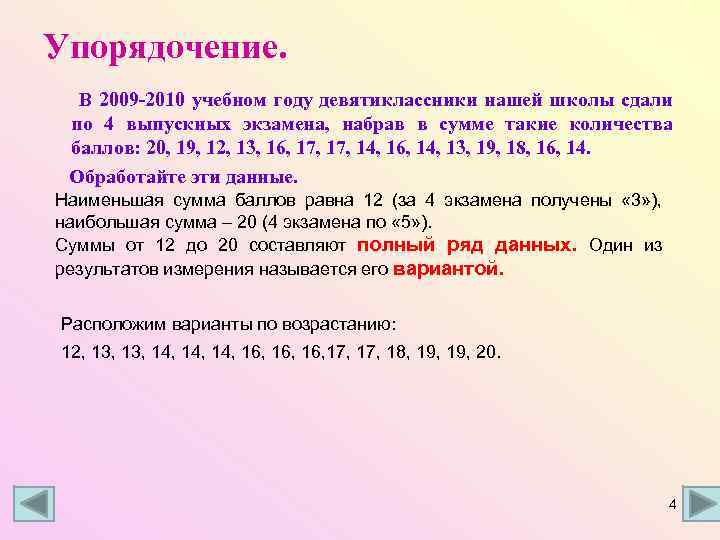 Упорядочение. В 2009 -2010 учебном году девятиклассники нашей школы сдали по 4 выпускных экзамена,