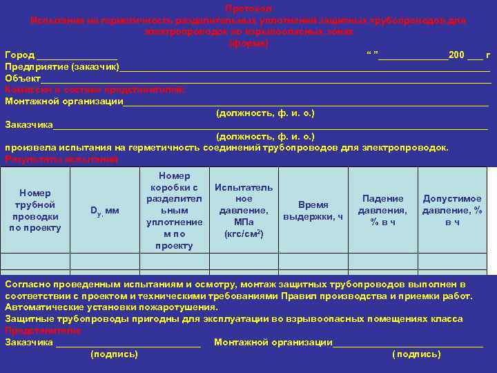 Протокол Испытания на герметичность разделительных уплотнений защитных трубопроводов для электропроводок во взрывоопасных зонах (форма)
