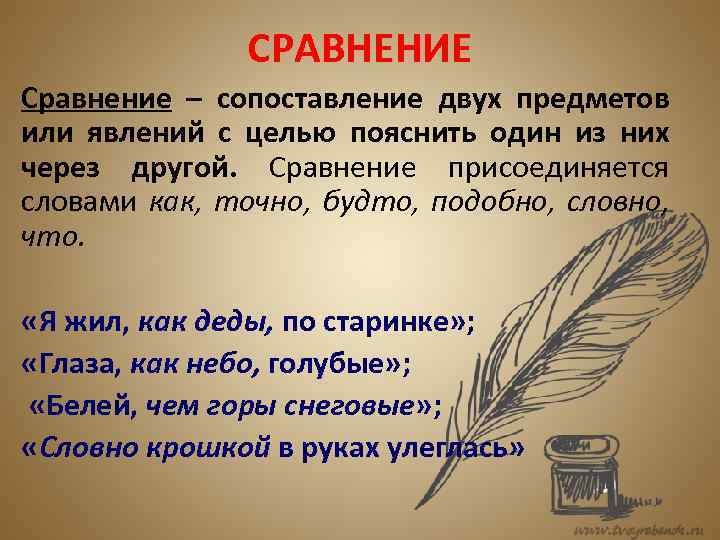 СРАВНЕНИЕ Сравнение – сопоставление двух предметов или явлений с целью пояснить один из них