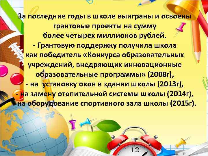 За последние годы в школе выиграны и освоены грантовые проекты на сумму более четырех