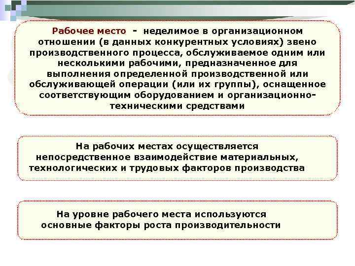Рабочее место - неделимое в организационном отношении (в данных конкурентных условиях) звено производственного процесса,