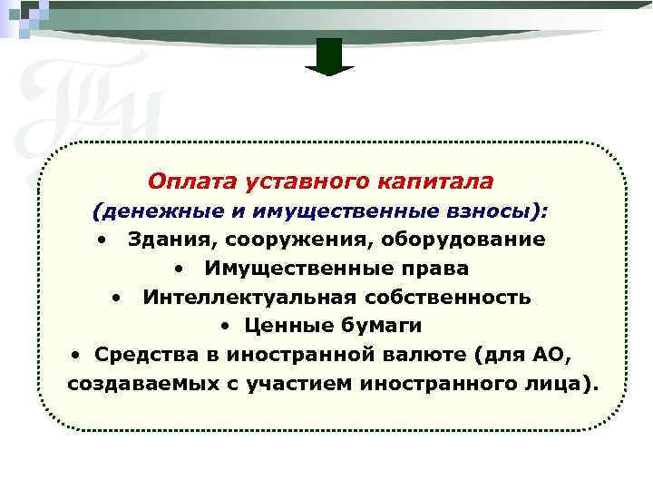 Оплата уставного капитала (денежные и имущественные взносы): • Здания, сооружения, оборудование • Имущественные права