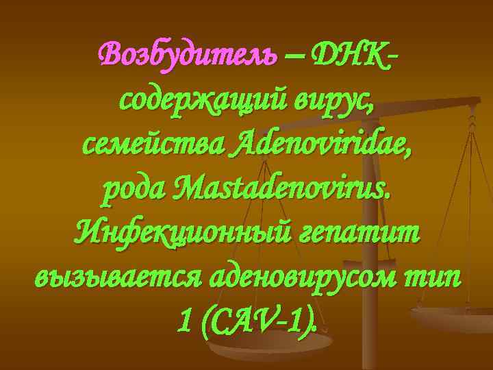 Возбудитель – ДНКсодержащий вирус, семейства Adenoviridae, рода Mastadenovirus. Инфекционный гепатит вызывается аденовирусом тип 1