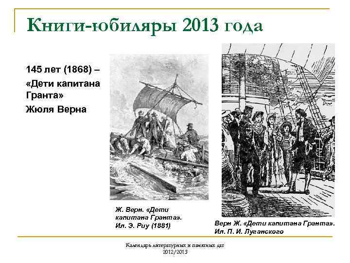 Книги-юбиляры 2013 года 145 лет (1868) – «Дети капитана Гранта» Жюля Верна Ж. Верн.