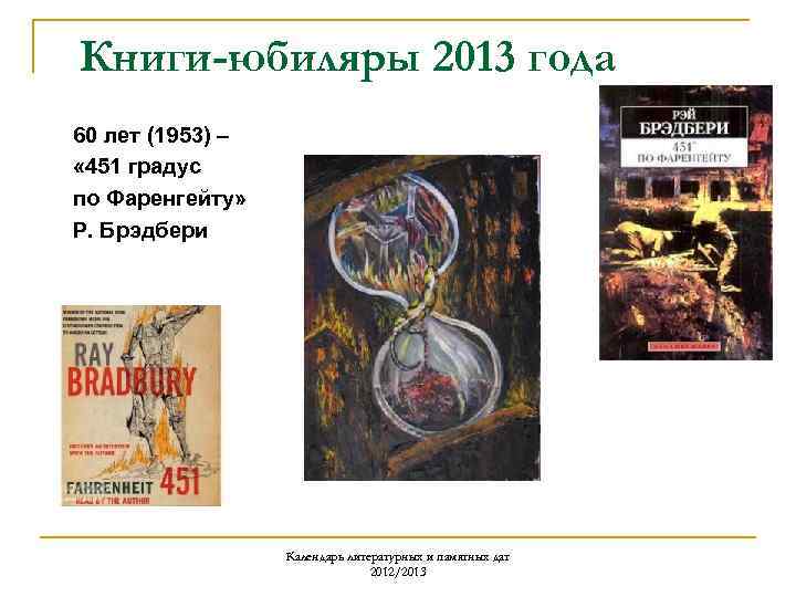 Книги-юбиляры 2013 года 60 лет (1953) – « 451 градус по Фаренгейту» Р. Брэдбери
