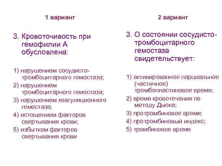 1 вариант 2 вариант 3. Кровоточивость при гемофилии А обусловлена: 3. О состоянии сосудистотромбоцитарного