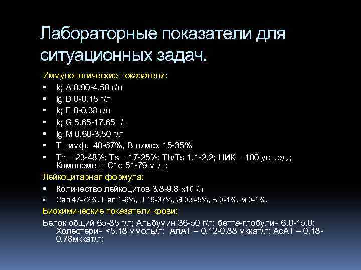 Лабораторные показатели для ситуационных задач. Иммунологические показатели: Ig А 0. 90 -4. 50 г/л