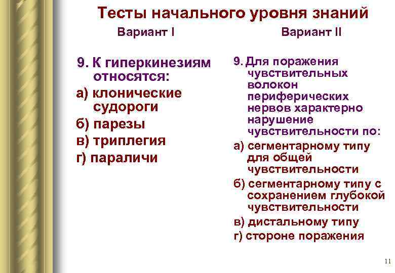 Тесты начального уровня знаний Вариант II 9. К гиперкинезиям относятся: а) клонические судороги б)
