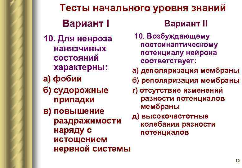 Тесты начального уровня знаний Вариант II 10. Возбуждающему 10. Для невроза постсинаптическому навязчивых потенциалу