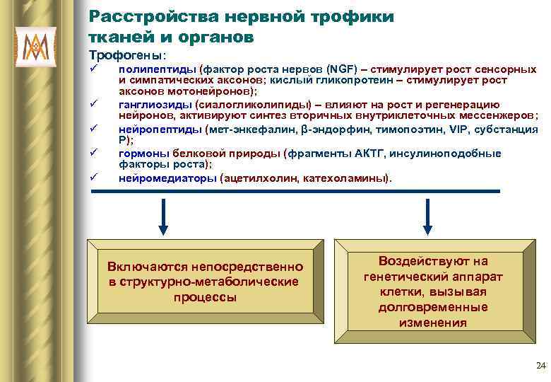 Расстройства нервной трофики тканей и органов Трофогены: ü ü ü полипептиды (фактор роста нервов