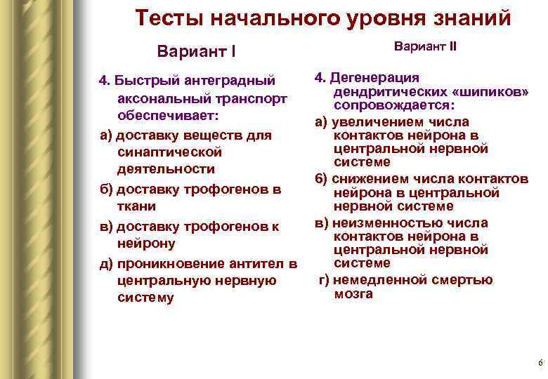 Тесты начального уровня знаний Вариант II 4. Быстрый антеградный аксональный транспорт обеспечивает: а) доставку