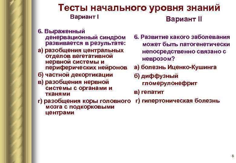 Тесты начального уровня знаний Вариант I 6. Выраженный денервационный синдром развивается в результате: а)