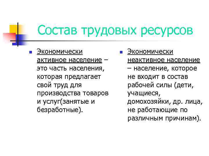 Состав трудовых ресурсов n Экономически активное население – это часть населения, которая предлагает свой