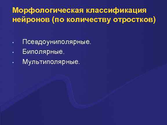 Морфологическая классификация нейронов (по количеству отростков) • • • Псевдоуниполярные. Биполярные. Мультиполярные. 