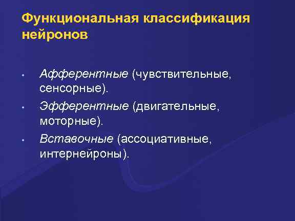 Функциональная классификация нейронов • • • Афферентные (чувствительные, сенсорные). Эфферентные (двигательные, моторные). Вставочные (ассоциативные,
