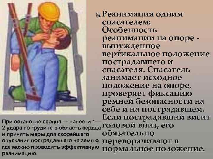 Реанимация одним спасателем: Особенность реанимации на опоре вынужденное вертикальное положение пострадавшего и спасателя. Спасатель