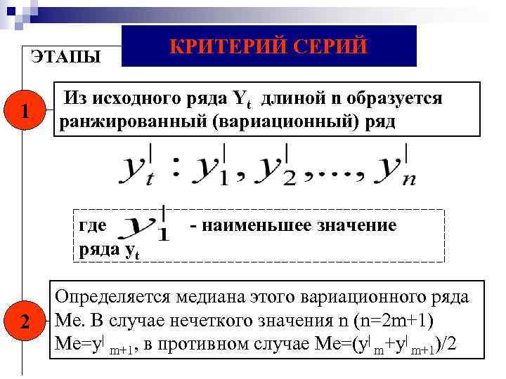 ЭТАПЫ 1 КРИТЕРИЙ СЕРИЙ Из исходного ряда Yt длиной n образуется ранжированный (вариационный) ряд