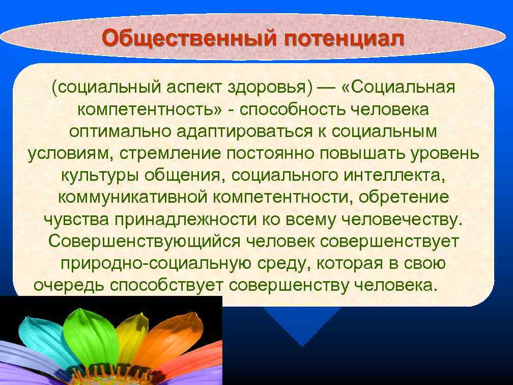 Общественный потенциал (социальный аспект здоровья) — «Социальная компетентность» - способность человека оптимально адаптироваться к