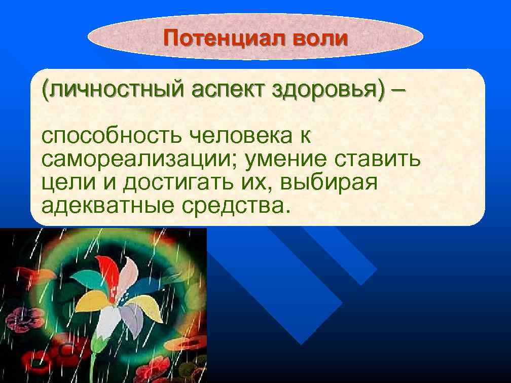 Потенциал воли (личностный аспект здоровья) – способность человека к самореализации; умение ставить цели и