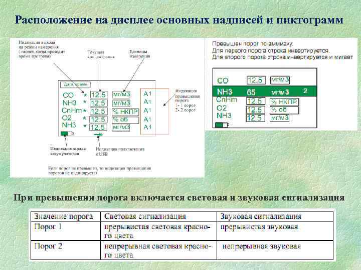 Расположение на дисплее основных надписей и пиктограмм При превышении порога включается световая и звуковая