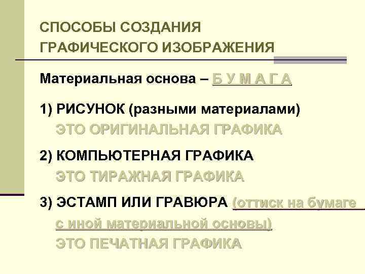 СПОСОБЫ СОЗДАНИЯ ГРАФИЧЕСКОГО ИЗОБРАЖЕНИЯ Материальная основа – Б У М А Г А 1)